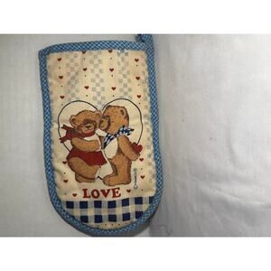 Enesco Teddy Bear LOVE Double Oven Mitt Blue Quilted Kitchen Potholder Vintage